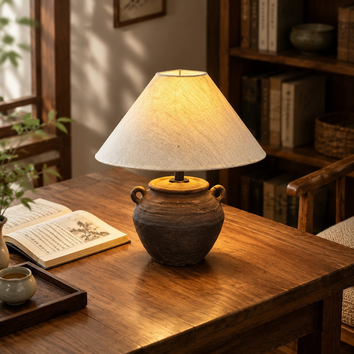 Rustic dark brown double-handle pottery table lamp with cream fabric shade