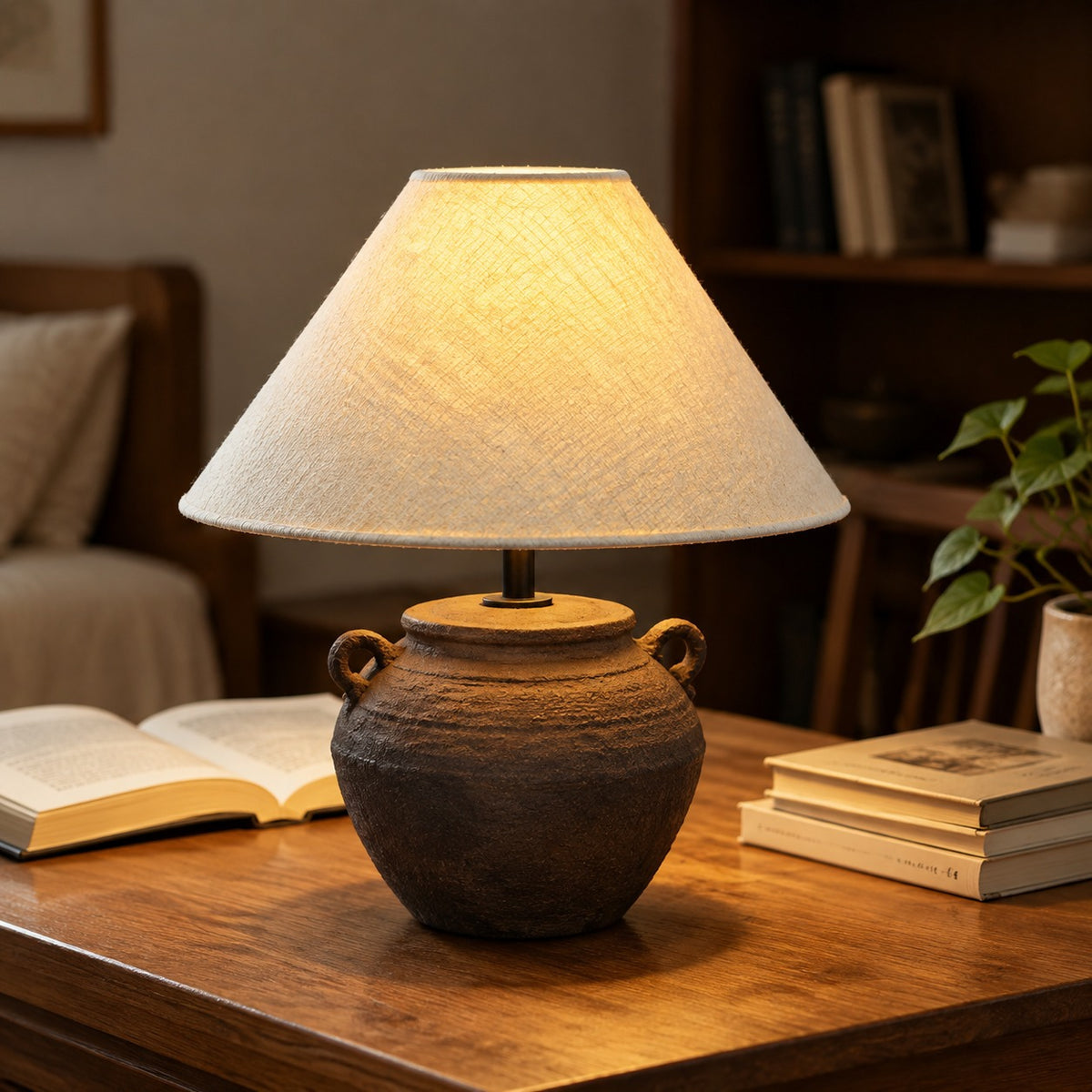 Brown handled ceramic jar table lamp styled on a warm wood desk