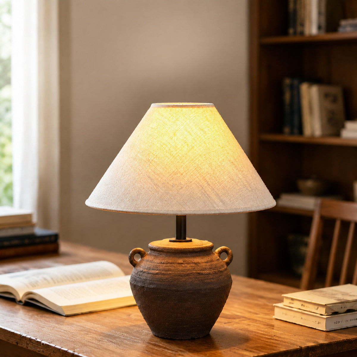 Wabi-Sabi brown pottery table lamp with twin handles and linen shade