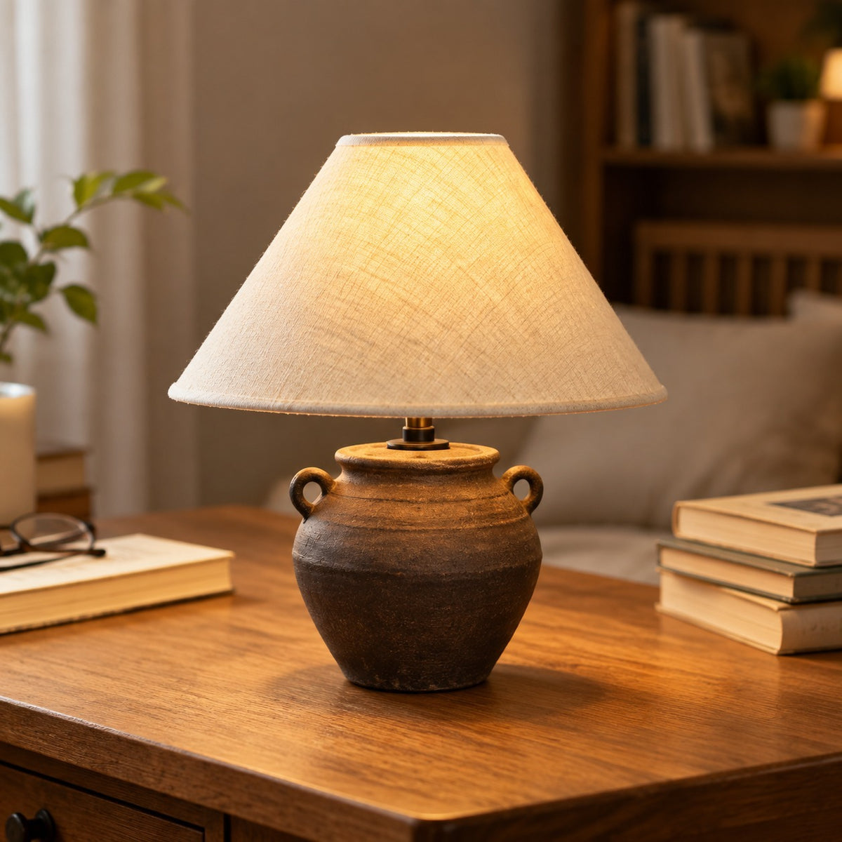 Rustic brown handled jar lamp beside books in a cozy study