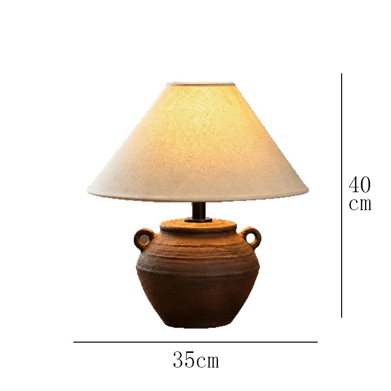 Rustic double-handle pottery table lamp, approximately 35 cm wide and 40 cm high