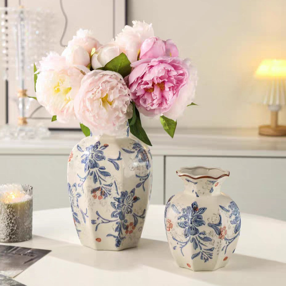 Blue and Coral Blossom scalloped ceramic vases in Small and Large sizes