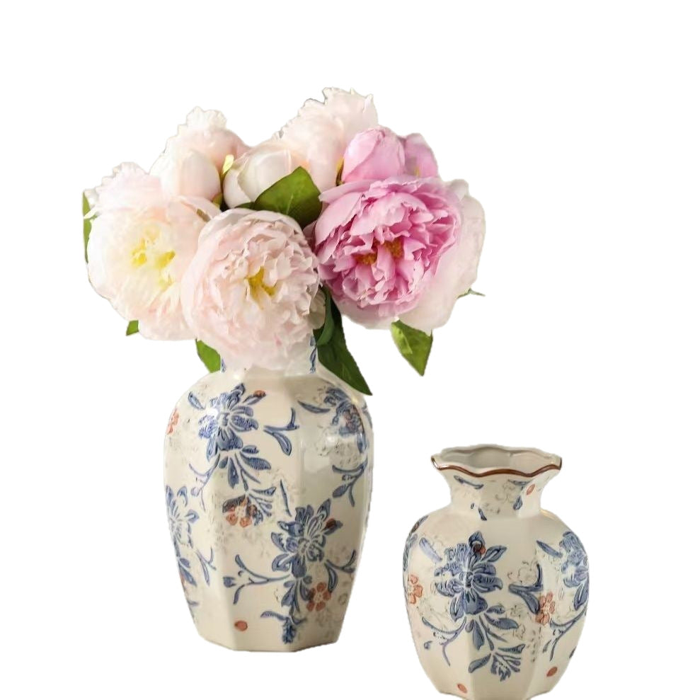 Blue and Coral Blossom ceramic vase pair with scalloped rims