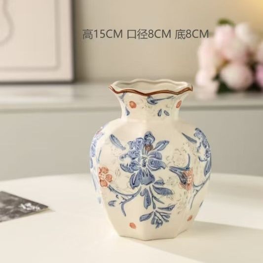 Blue and Coral Blossom scalloped ceramic vase, Small 14.5 cm