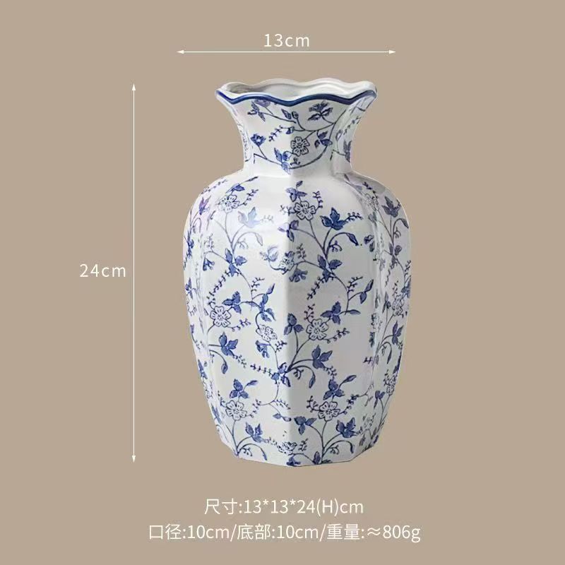 Indigo Branches scalloped ceramic vase, Large 24 cm