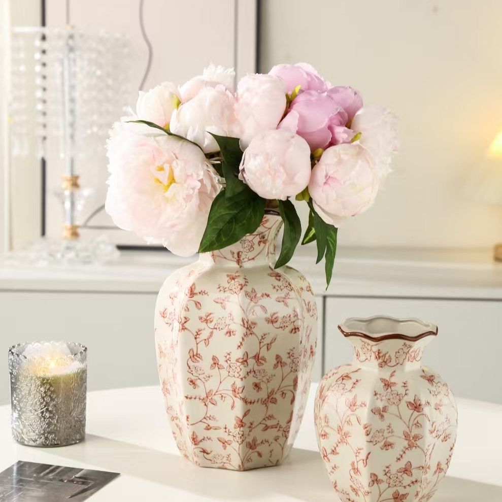 Rose Branches scalloped ceramic vases styled with peonies