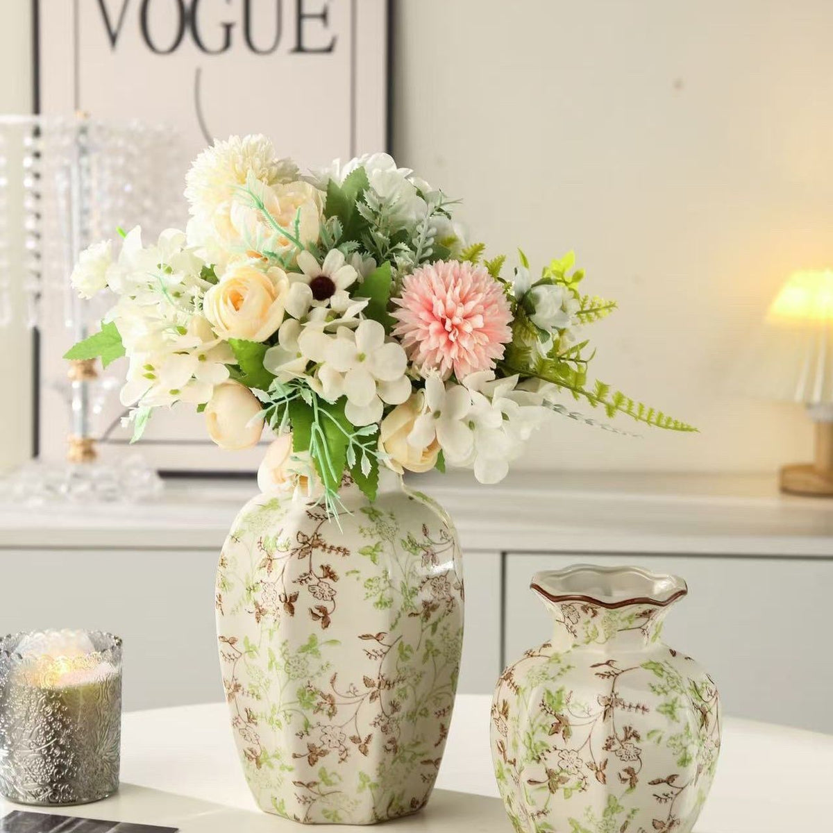 Sage Garden scalloped ceramic vases styled with flowers