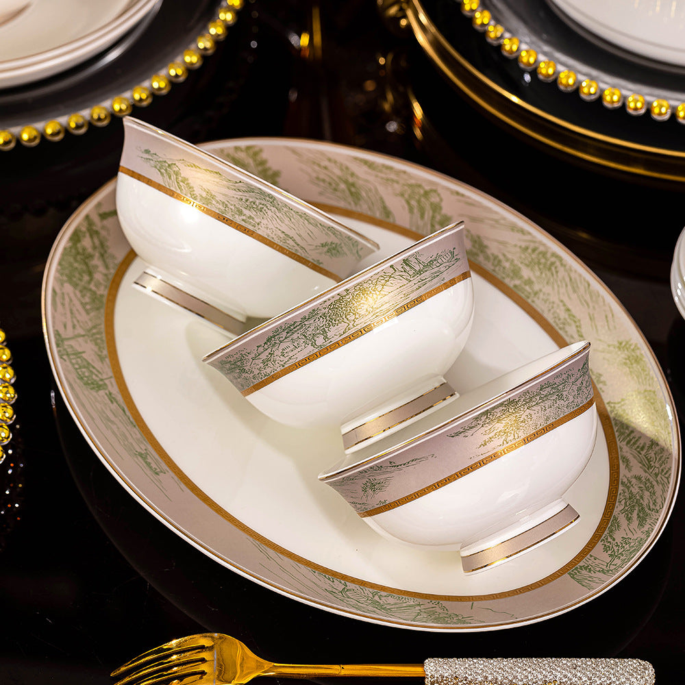 Shan He Ya Yun pale green landscape porcelain bowls and platter close-up