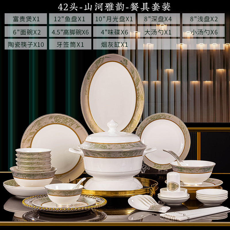 Shan He Ya Yun 42-piece pale green landscape porcelain dinnerware set