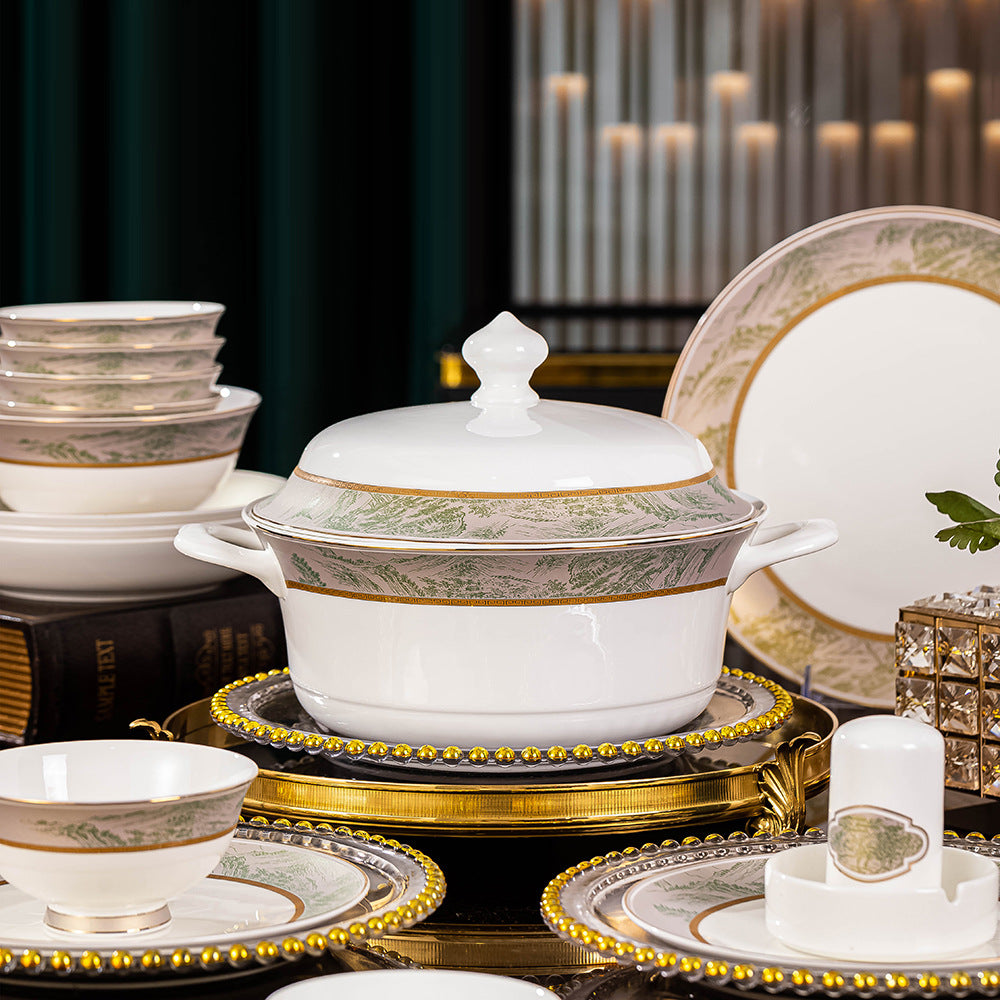 Shan He Ya Yun pale green landscape porcelain dinnerware full set display