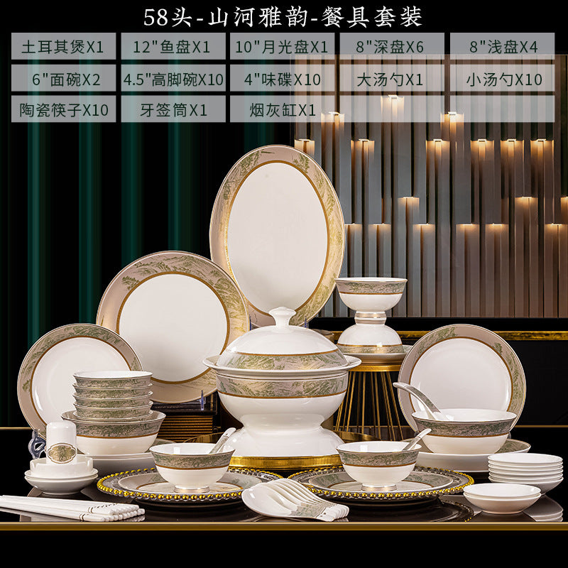 Shan He Ya Yun pale green landscape porcelain dinnerware 58-piece set display