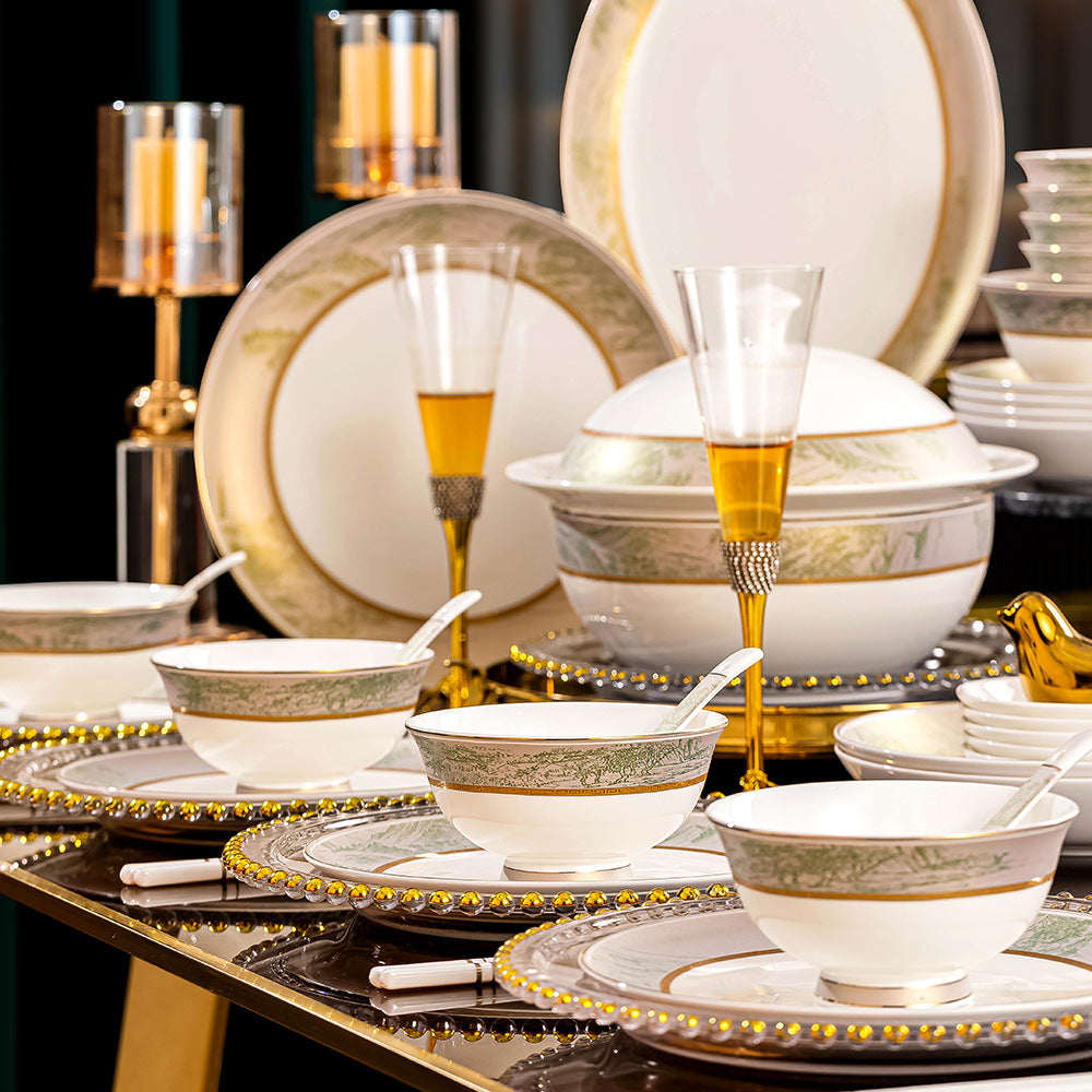 Shan He Ya Yun pale green landscape porcelain dinnerware styled on a luxury dining table