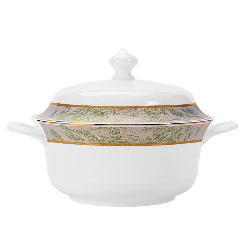Shan He Ya Yun covered porcelain serving tureen with pale green landscape and gold trim