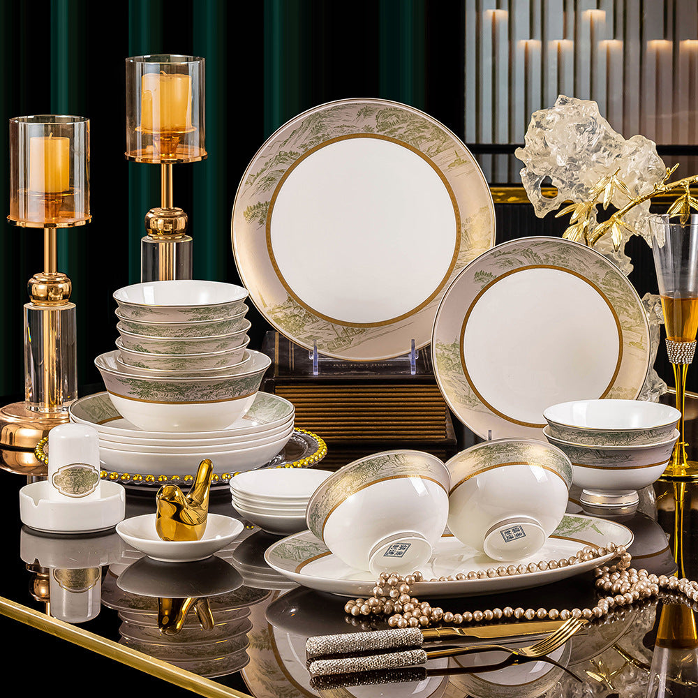 Shan He Ya Yun pale green landscape porcelain dinnerware styled with bowls plates and serving pieces