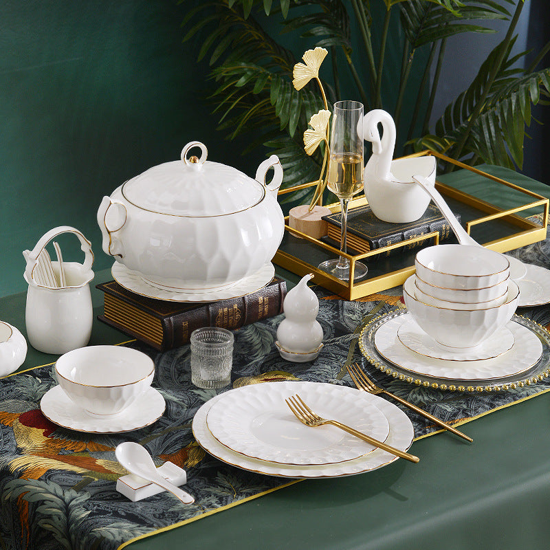 Shuijing Zhilian white embossed gold-rim bone china 60-piece dinnerware set