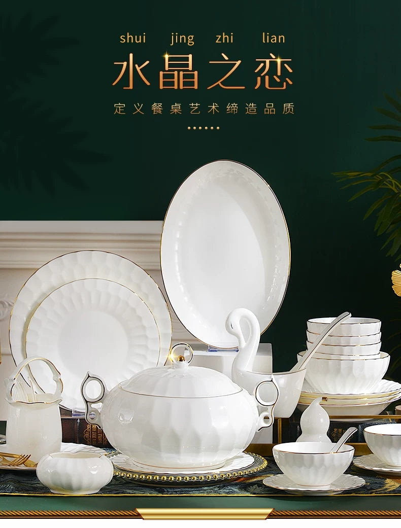 Shuijing Zhilian luxury white bone china dinnerware collection with gold trim