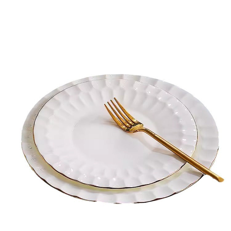 Shuijing Zhilian white embossed gold-rim bone china dinner plates