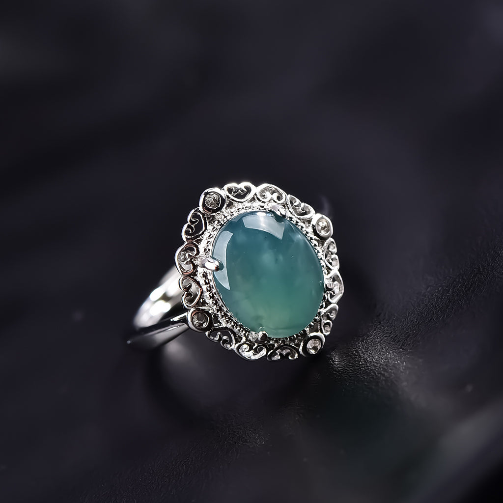 Certified blue-green jadeite cabochon ring elegant halo design