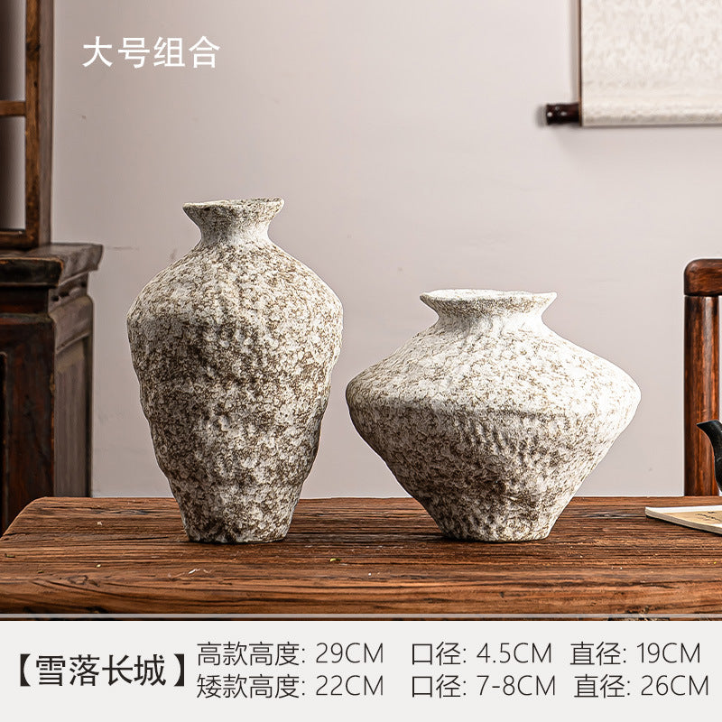 Snowfall ceramic sculpted neck and low shoulder large vase pair