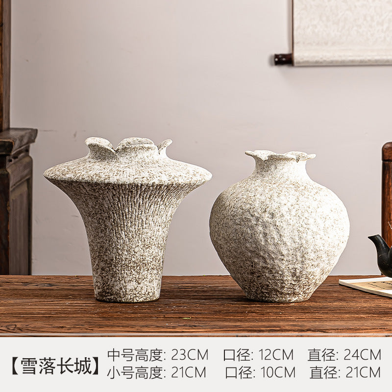Snowfall ceramic flared trumpet and round jar medium vase pair