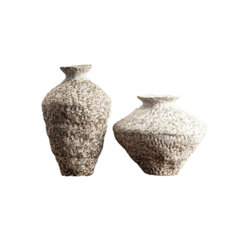 Snowfall textured ceramic sculptural vase pair on white background