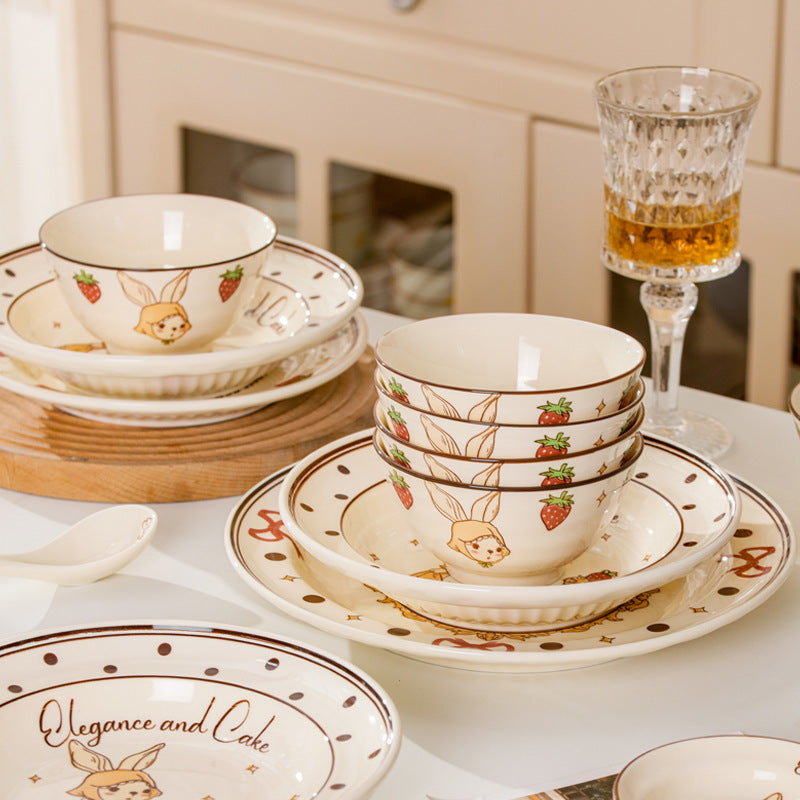 Sophie Rabbit ceramic bowls and plates with strawberry and bow motifs