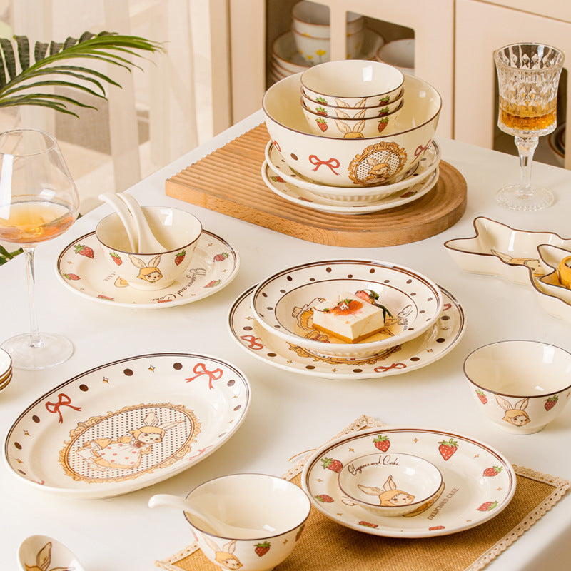 Sophie Rabbit strawberry ceramic tableware collection with bowls plates spoons and rabbit-shaped dishes