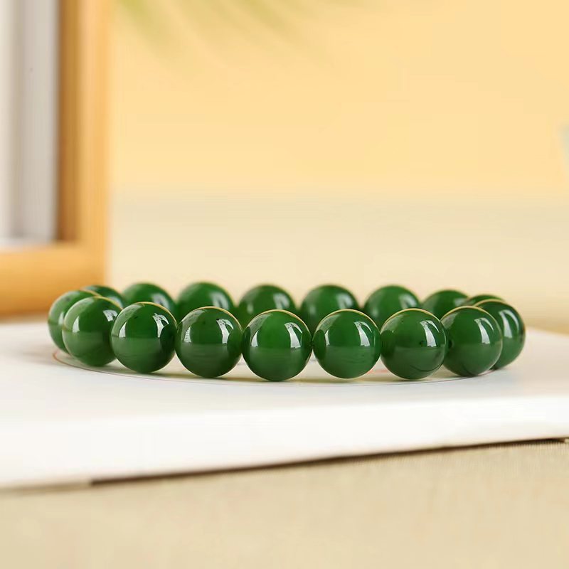 Certified natural Hetian Biyu 12mm bead bracelet premium green jade jewelry