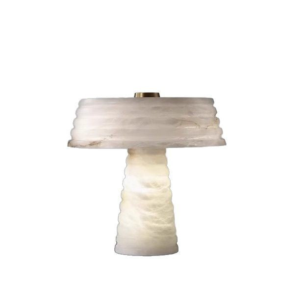 White layered faux alabaster resin table lamp with tiered shade and textured column