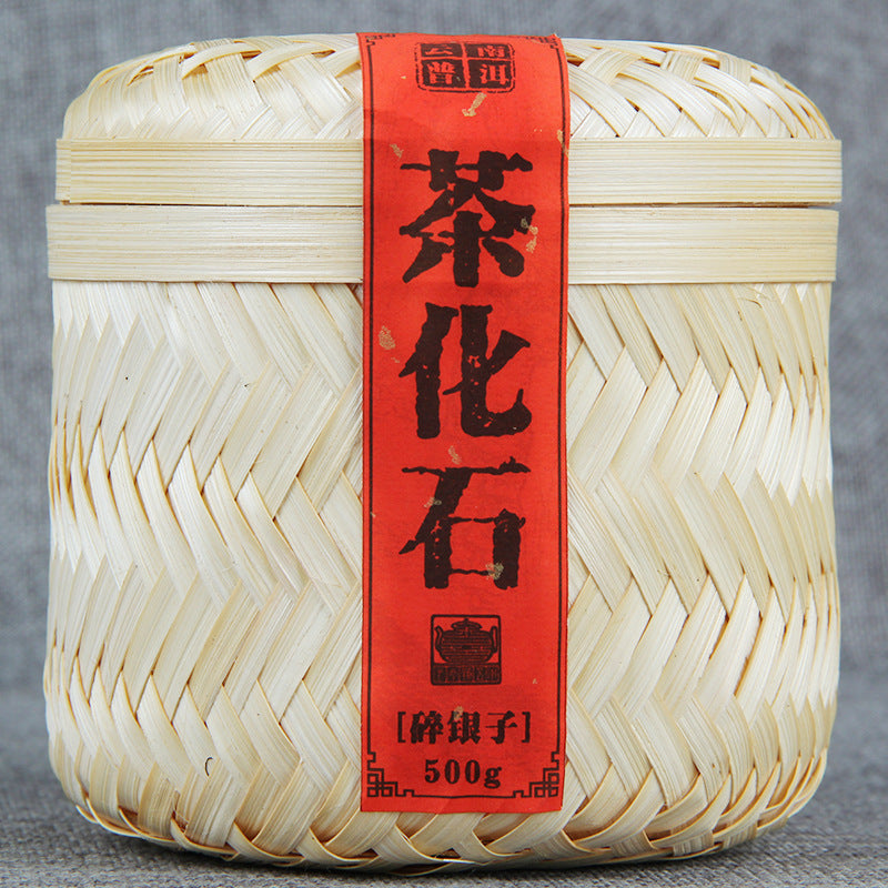 Front view of Tea Fossil Sui Yin Zi 500g bamboo basket packaging