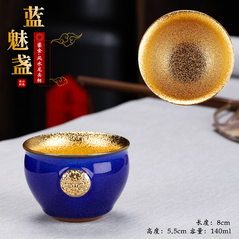 Gilded Dragon Head Partridge Feather Tenmoku Cup - 110ml