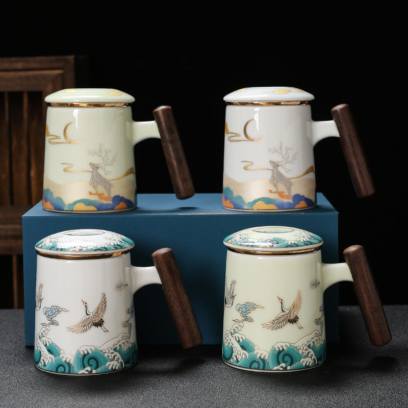 Immortal Crane Porcelain Tea Infuser Mug with Lid - 380ml