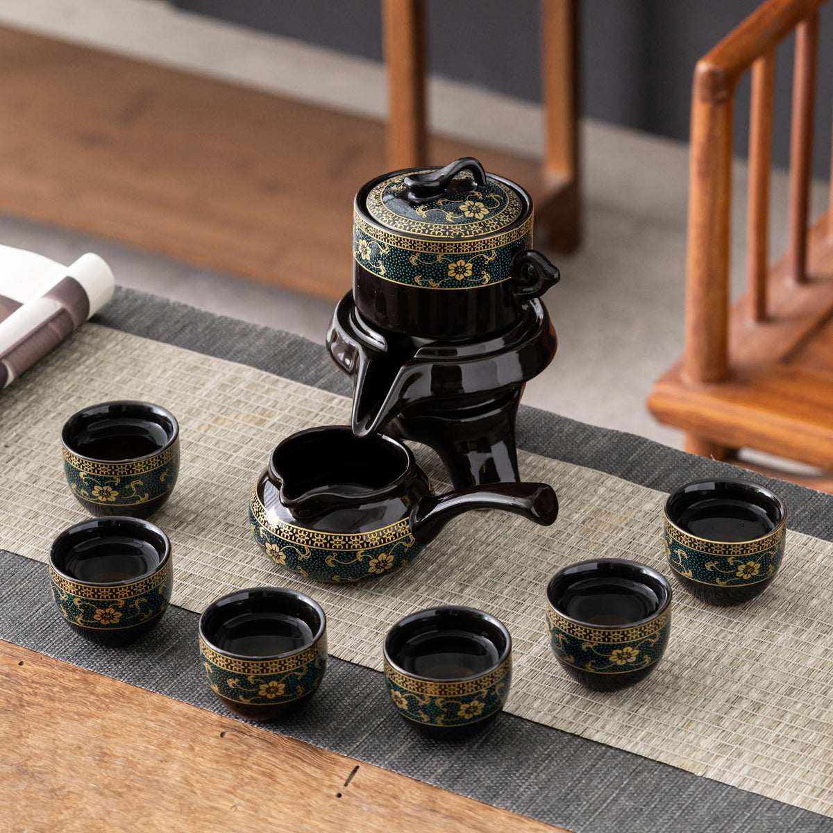 Rotating Millstone Automatic Gongfu Tea Set - Wisteria Blossom