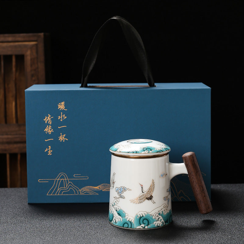 Immortal Crane Porcelain Tea Infuser Mug with Lid - 380ml