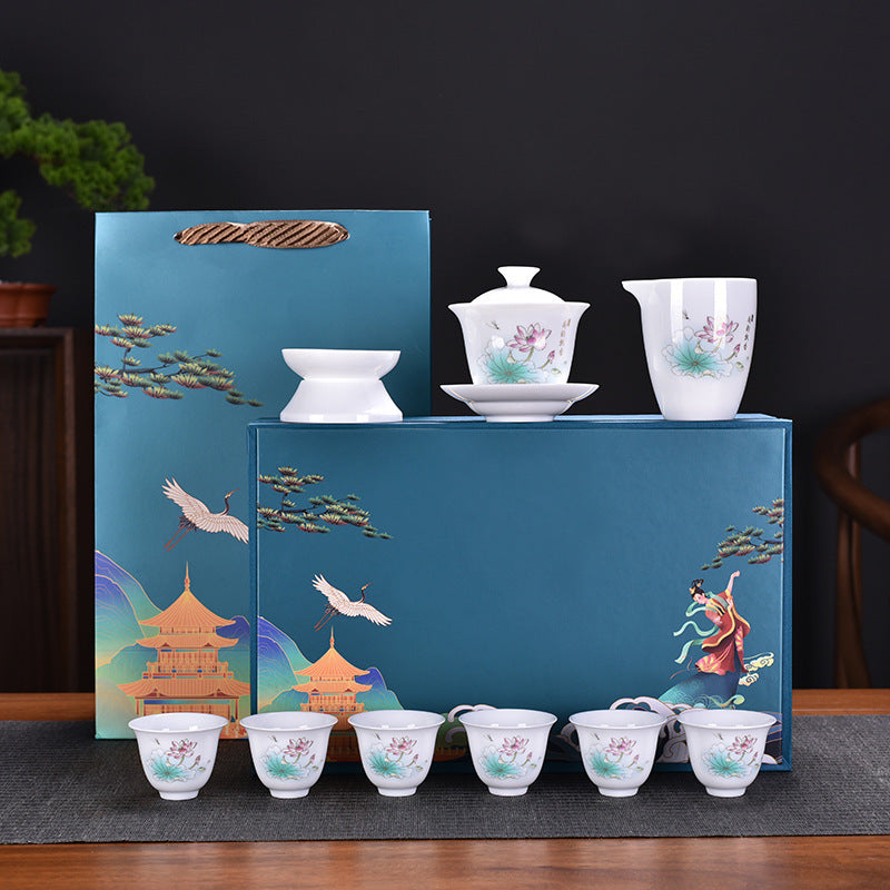 Thousand Miles Landscape White Porcelain Gongfu Tea Set