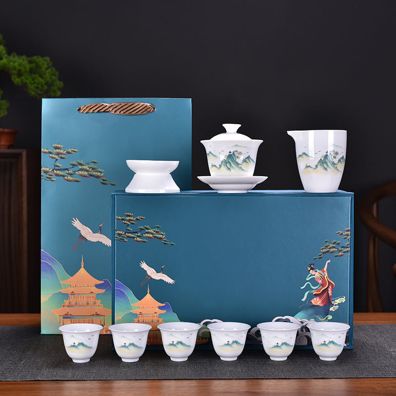 Thousand Miles Landscape White Porcelain Gongfu Tea Set