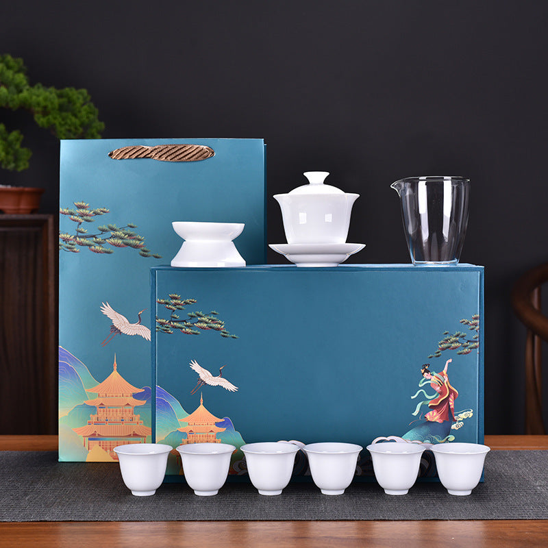 Thousand Miles Landscape White Porcelain Gongfu Tea Set