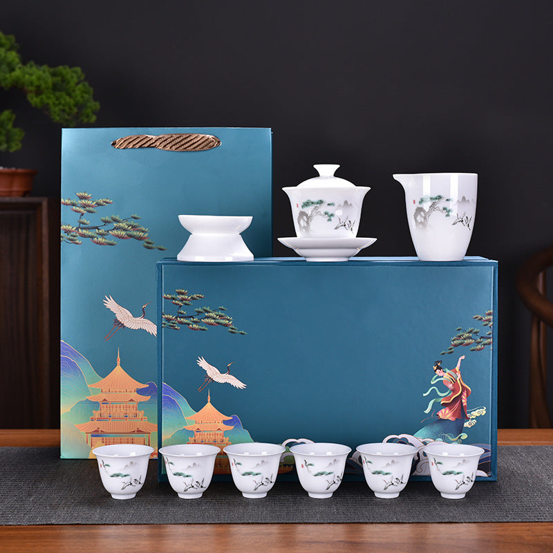 Thousand Miles Landscape White Porcelain Gongfu Tea Set