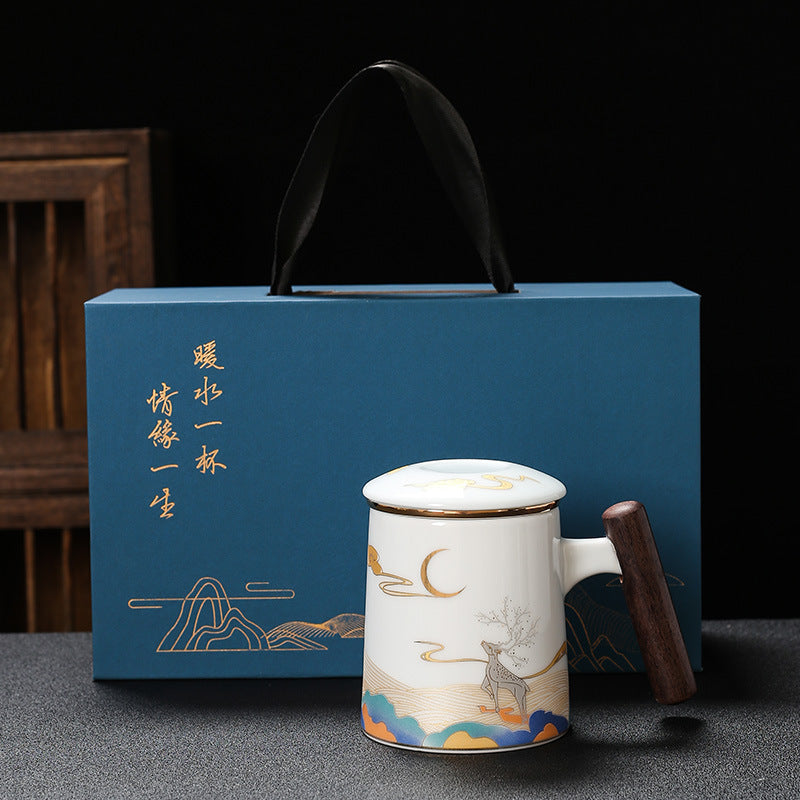 Immortal Crane Porcelain Tea Infuser Mug with Lid - 380ml