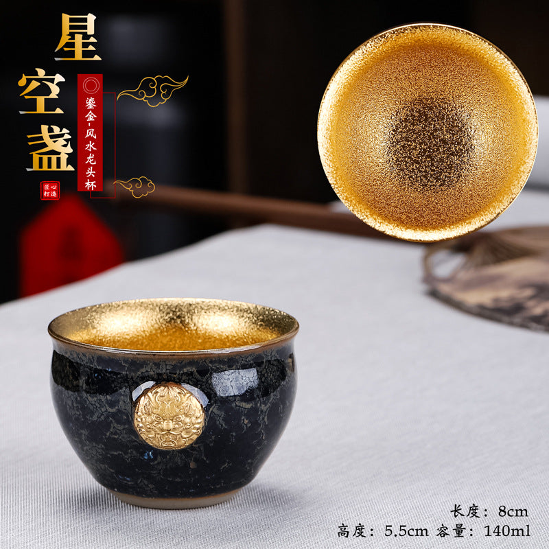 Gilded Dragon Head Partridge Feather Tenmoku Cup - 110ml