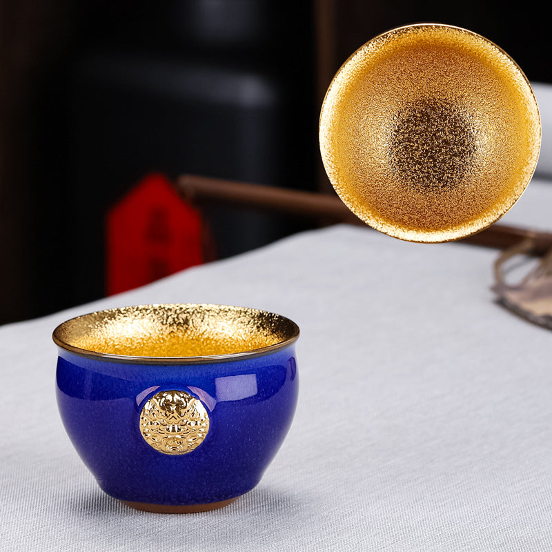 Gilded Dragon Head Partridge Feather Tenmoku Cup - 110ml