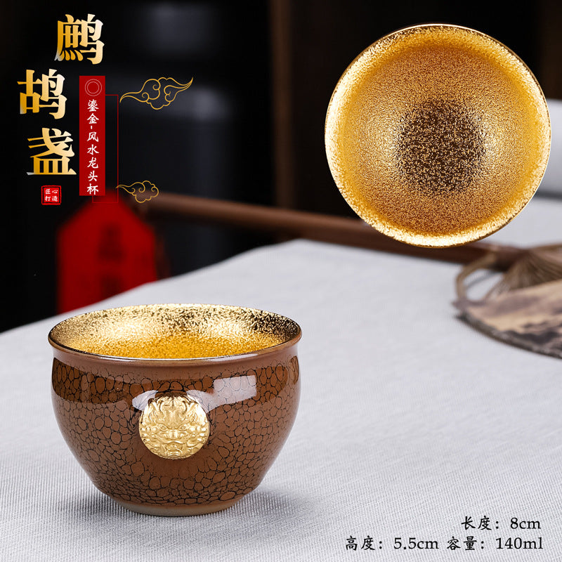 Gilded Dragon Head Partridge Feather Tenmoku Cup - 110ml