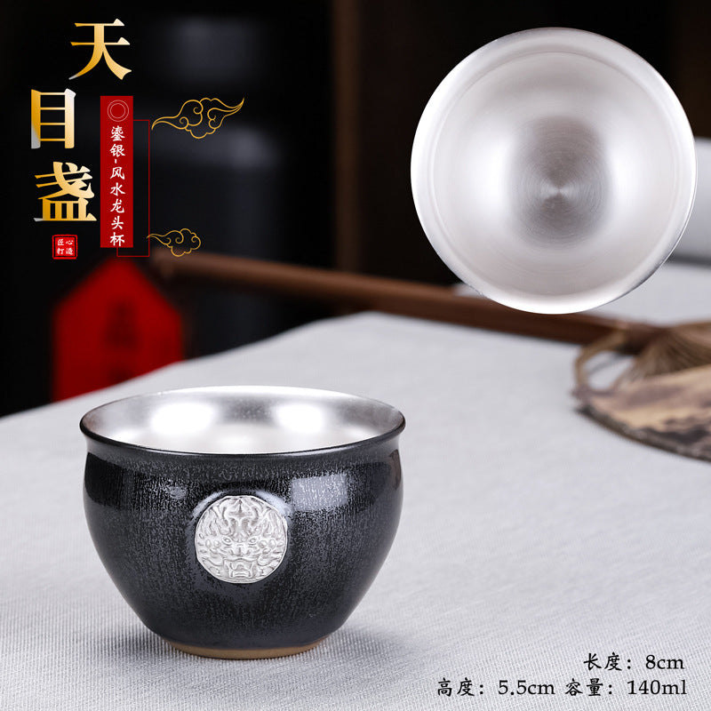 Gilded Dragon Head Partridge Feather Tenmoku Cup - 110ml