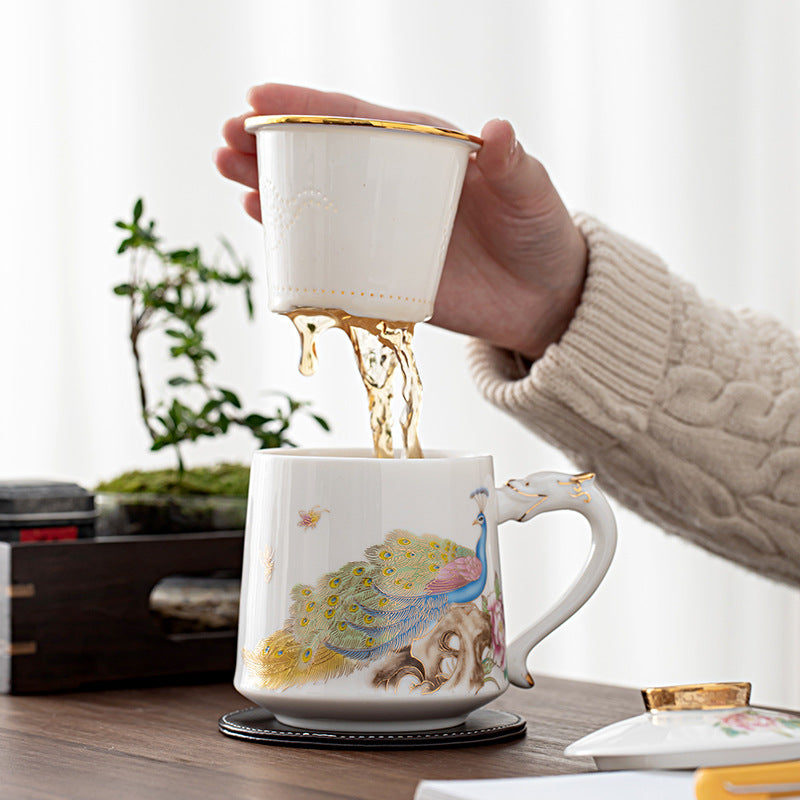 Mutton Fat Jade White Porcelain Tea Separation Office Mug - 350ml