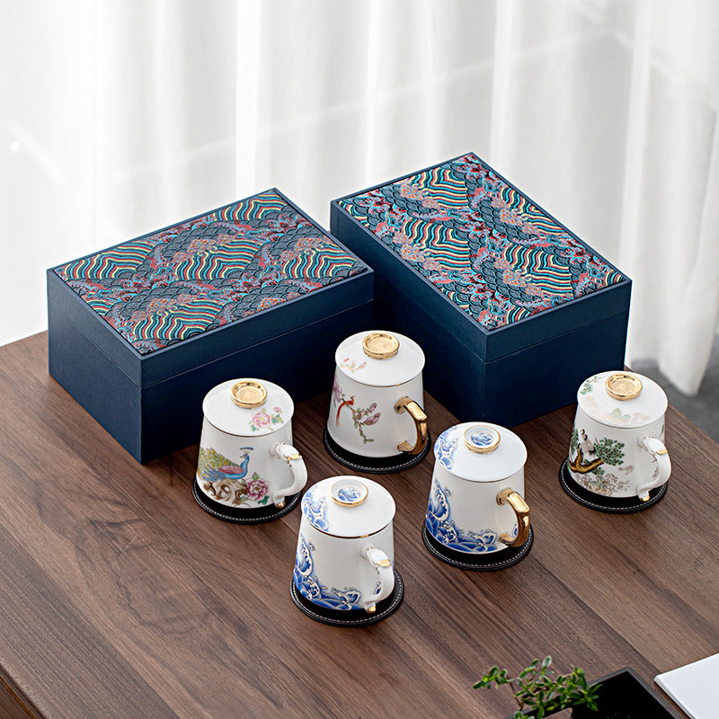 Mutton Fat Jade White Porcelain Tea Separation Office Mug - 350ml