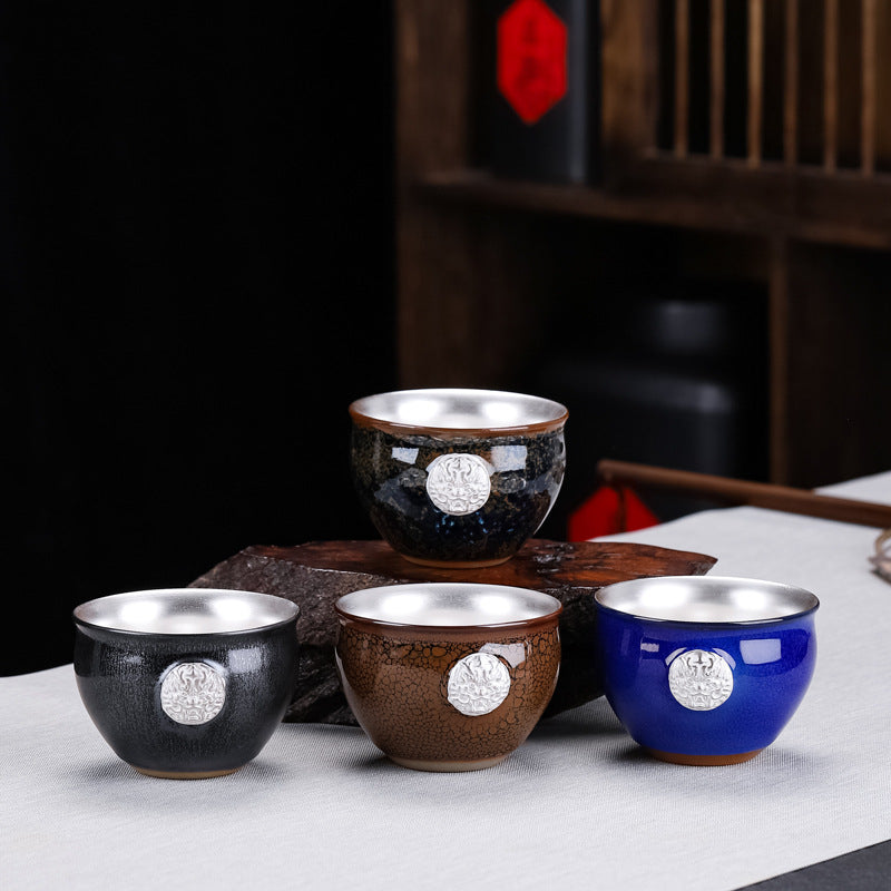 Gilded Dragon Head Partridge Feather Tenmoku Cup - 110ml