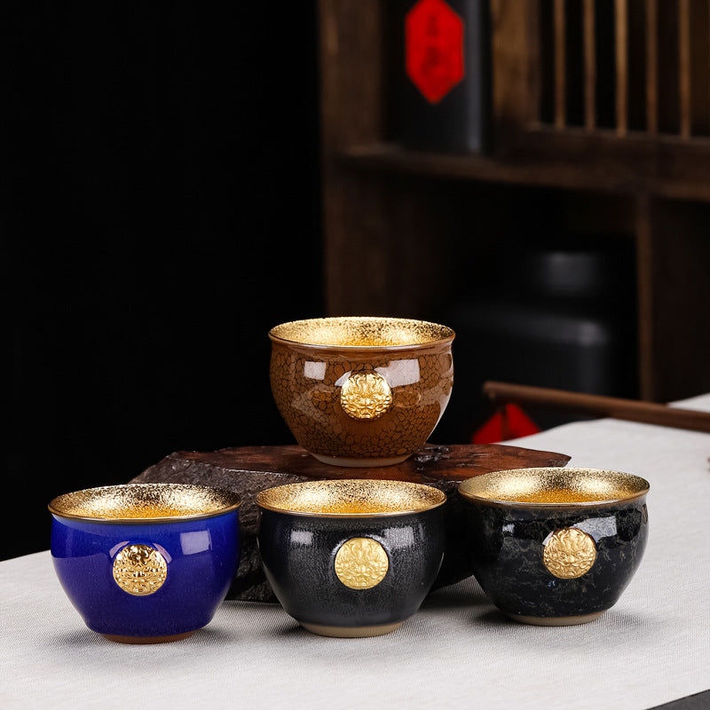 Gilded Dragon Head Partridge Feather Tenmoku Cup - 110ml
