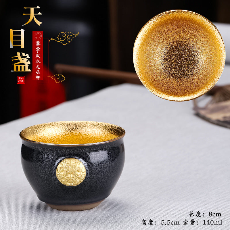 Gilded Dragon Head Partridge Feather Tenmoku Cup - 110ml