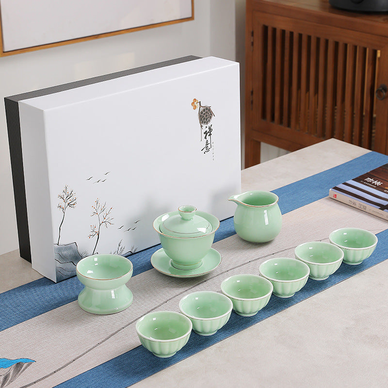 Dehua Zen 10-Piece Gold-Accented Porcelain Tea Set