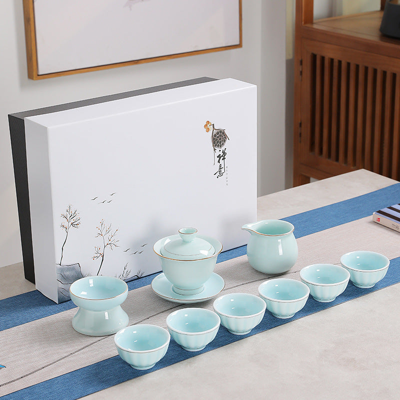 Dehua Zen 10-Piece Gold-Accented Porcelain Tea Set